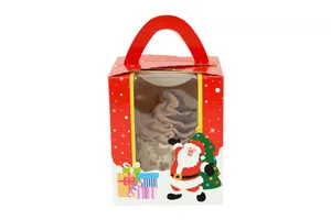 Detail view of red Christmas cupcake box with clear window and festive illustrations