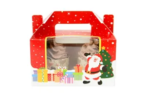 Close-up of red Christmas muffin box with two-cup capacity and clear PVC window
