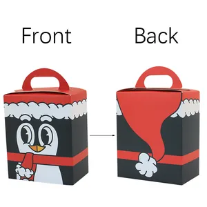 Square Christmas penguin gift box with handle, showing front and back view details