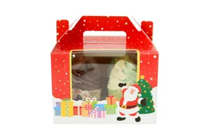 Detailed view of 2-hole Christmas cupcake box with handle and clear window display