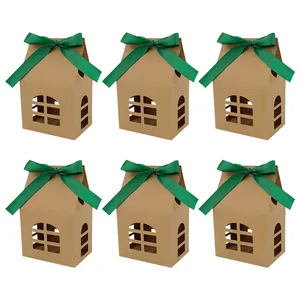 Lot de 6 boîtes cadeaux de Noël en carton kraft en forme de maison avec rubans verts