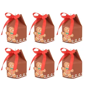 6-piece set of brown gingerbread man Christmas candy boxes with red silk ribbons