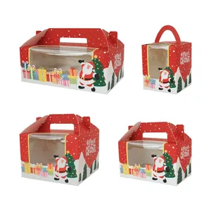 Christmas Cupcake Packaging With Window And Handle Red Muffin Container White Cardboard For Holiday Party Dessert
