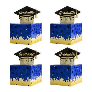 Detailed set of 4 graduation gift boxes with 3D mortarboard caps and tassels
