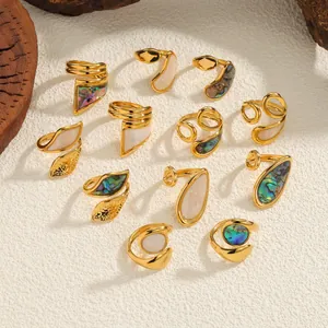 Vintage Stainless Steel 18K Gold Plated Shell Ring For Women Geometric Abalone Mother Of Artificial Pearl Open Adjustable Ring Jewelry
