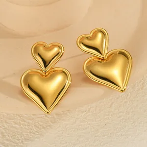 Polished 18K gold plated stainless steel double heart stud earrings for women