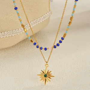 Bohemian double-layer star necklace with malachite stone and colorful beaded chain