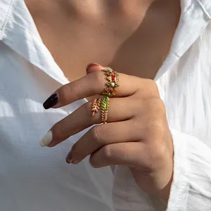 Bohemian gold open rings with colorful enamel leaf design and beaded crown style