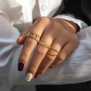 Gold plated stainless steel enamel ring set featuring geometric wave patterns for women