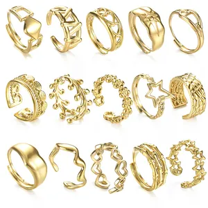 15er-Set vergoldete geometrische offene Ringe mit Herz- und Sternenmustern