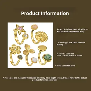 Detail of 18K gold plated stainless steel rings with zircon and natural stones