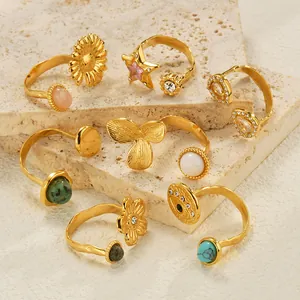 Vintage Stainless Steel 18K Gold Plated Open Ring For Women Bohemian Natural Stone Zirconia Floral Star Adjustable Ring