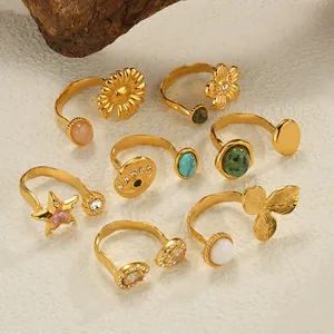 7Pcs vintage gold plated stainless steel open rings set with colorful natural stones