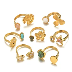 7pcs set of vintage gold plated stainless steel open rings with colorful natural stones