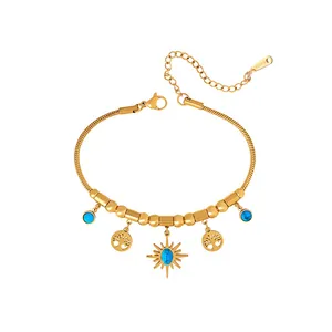 Vintage 18K vergoldetes Edelstahlarmband mit blauem Stern und Lebensbaum-Anhängern