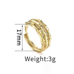 Detail view of gold bamboo style open ring showing 17mm inner diameter and 3g weight