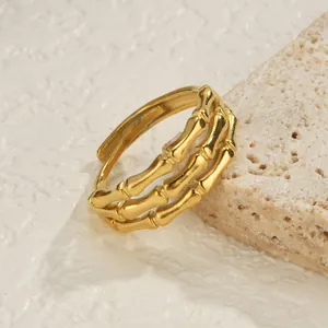 Stainless Steel Open Adjustable Ring For Women 14K Gold Plated Bamboo Flower Star Leaf Geometric Punk Gothic Finger Jewelry Gift