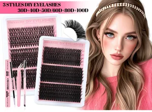 DIY eyelash extension kit with diverse segments, tweezers, brush, and bond seal glue