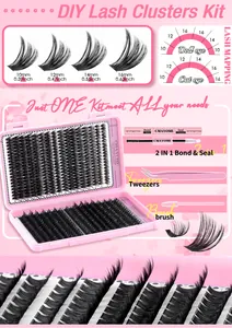 DIY cluster lashes extension kit with bond, seal, tweezers and various lash lengths