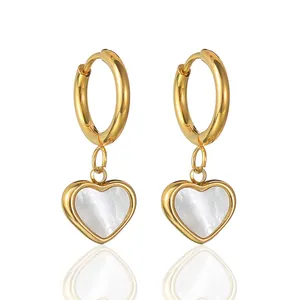 Vintage Stainless Steel Heart Pendant Necklace Earrings Set Gold Plated Mother Of Artificial Pearl Jewelry For Women Party Gift