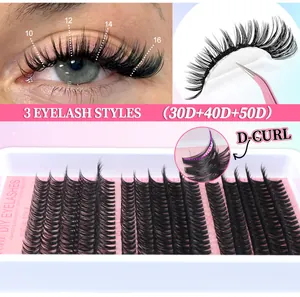 Detail of DIY lash extension kit showing 30D/40D/50D clusters in D-curl 10-16mm