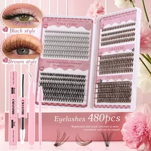 Detail view of 480pcs DIY lash extension kit with black and brown cluster eyelashes