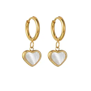 French vintage 18K gold heart pendant earrings with elegant white shell inlay