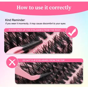 Guide showing correct eyelash application using tweezers for segmented DIY lash clusters