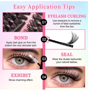 DIY cluster lashes set showing easy application steps with tweezers and glue guide