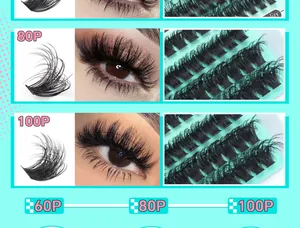 Gros plan de bouquets de cils 60P à 100P montrant un volume naturel et une courbure