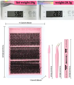 DIY eyelash extension kit showing segmented lashes, bond seal glue, and pink tweezers