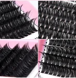 Macro view of multi-row 10D-100D individual eyelash clusters in pink tray