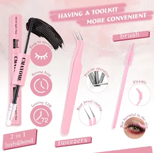 Detail of pink double-headed lash bond sealant with precise tweezers and spoolie brush