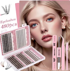 Macro detail of DIY lash extension kit with 480 clusters, bond, seal, and pink tweezers