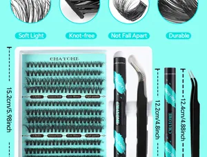 Kit d'extension de cils DIY détaillé avec grappes, colle et pince à épiler avec tailles