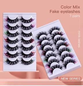 Detailed view of 7 pairs of colorful faux mink eyelashes in a multi-color mixed set