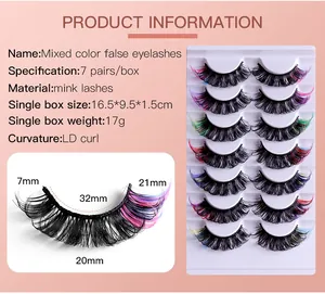 Detailed view of 7 pairs colorful faux mink lashes with LD curl and mixed vibrant hues