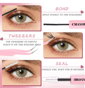 Three-step eyelash extension tool kit with bond, seal and pink tweezers for DIY lashes