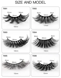Size chart showing six styles of 3D faux mink eyelashes with detailed length parameters