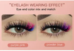 Detail of color-spliced false eyelashes in purple and blue tones for eye makeup