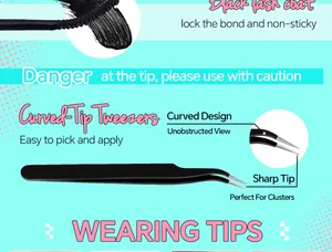 Détail de la pince recourbée en acier inoxydable et de la brosse pour faux cils DIY