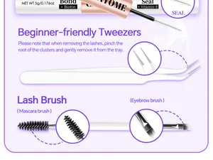 Dettaglio kit extension ciglia con pinzetta di precisione e scovolino per mascara DIY