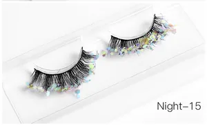 Detailed view of black false eyelashes featuring colorful laser sequins in a clear tray