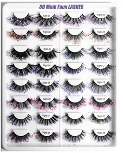 Detailed set of 16 pairs 8D faux mink eyelashes with colorful glitter and sequins