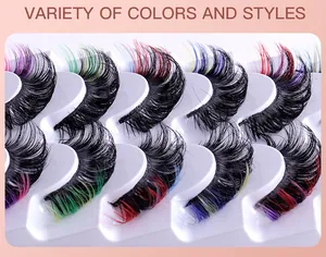 Macro view of multi-colored thick false eyelashes in purple and blue faux mink fiber