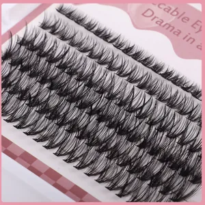 Macro detail of multi-layered thick cluster black false eyelashes with natural cross design