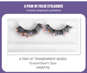 Detail view of colorful sequin false eyelashes with packaging dimensions and weight