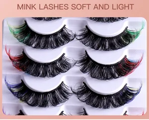 Macro view of colorful faux mink eyelashes featuring dense volume and curly vibrant tips