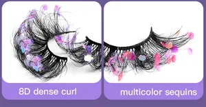 Detail view of 8D dense curled false eyelashes featuring multicolor sequins and glitter flakes