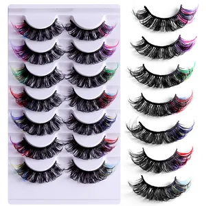 Detail of 7 pairs colorful false eyelashes featuring thick wispy fibers and multi-color tips